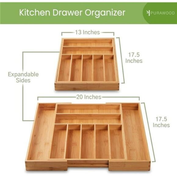Expandable Bamboo Drawer Organizer Utensil Silverware Flatware Tray - Picture 2 of 6